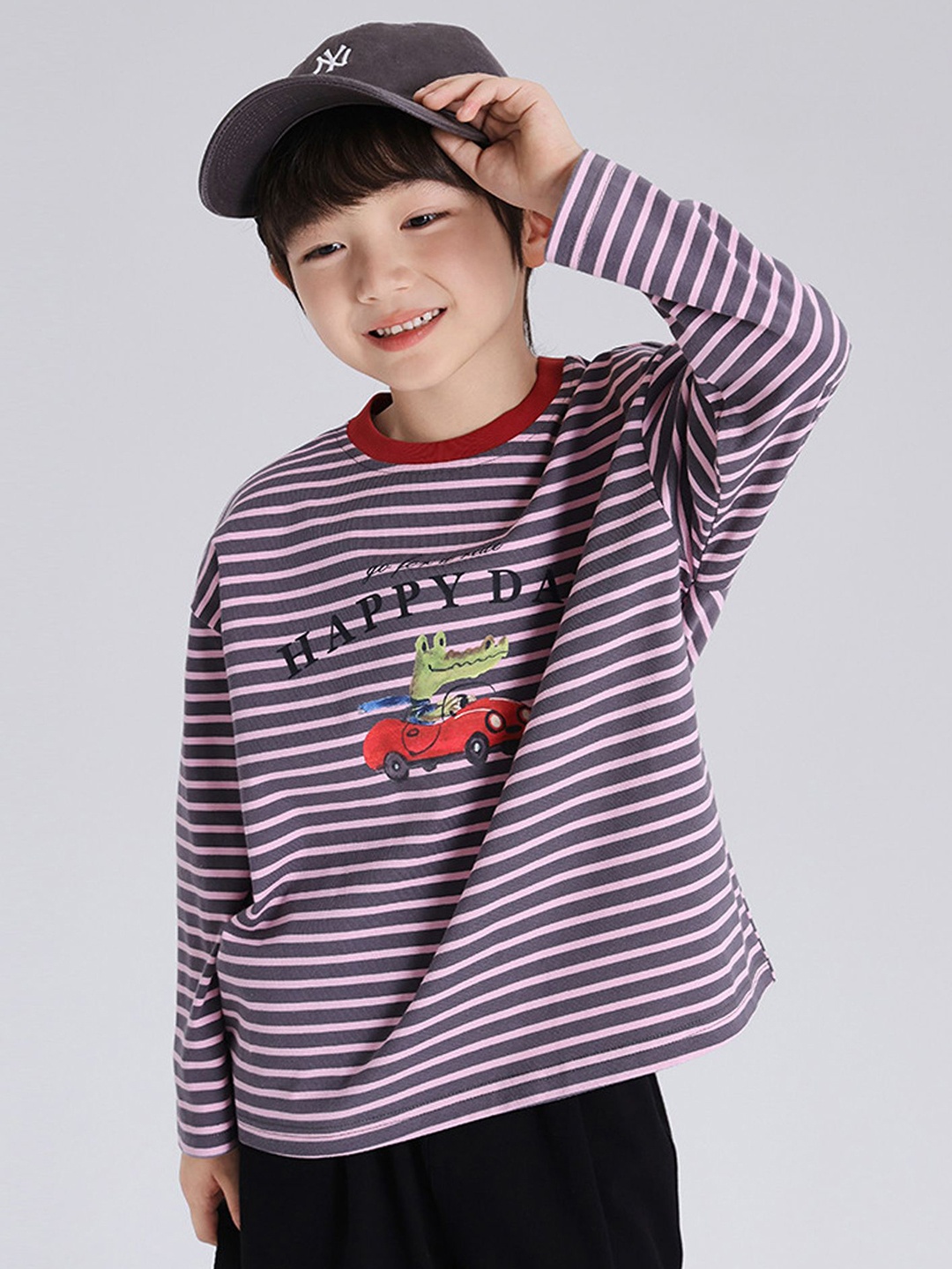 

LULU & SKY Boys Striped Round Neck Cotton Relaxed Fit T-shirt, Grey