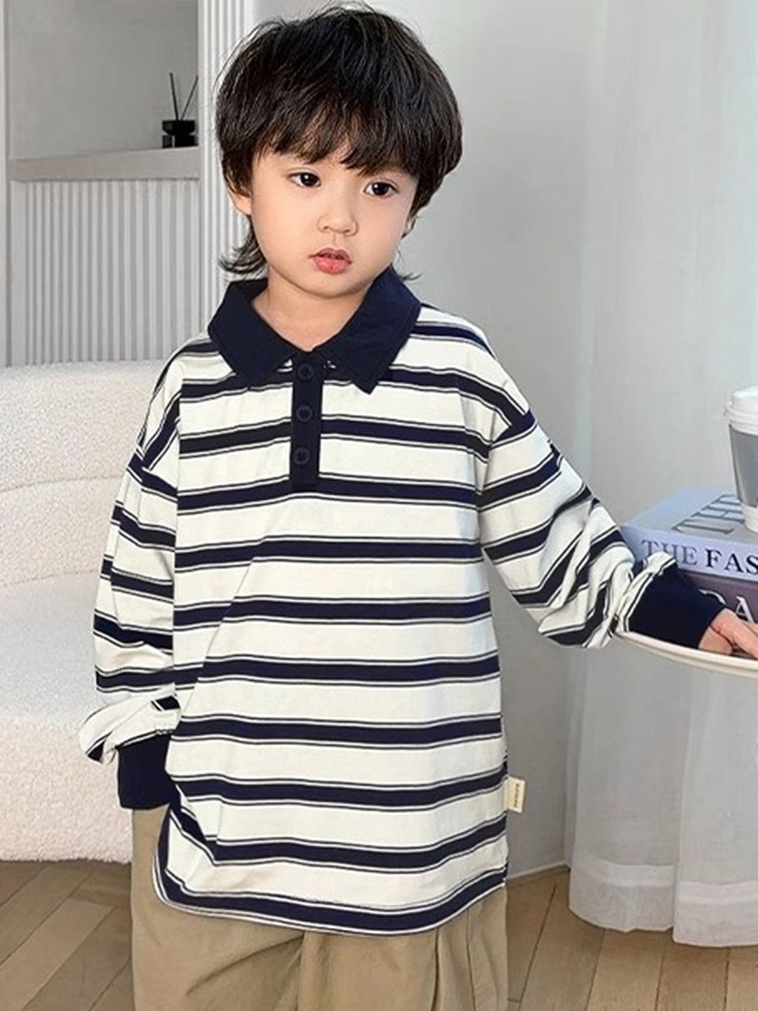 

LULU & SKY Boys Striped Polo Collar Cotton Relaxed Fit T-shirt, White