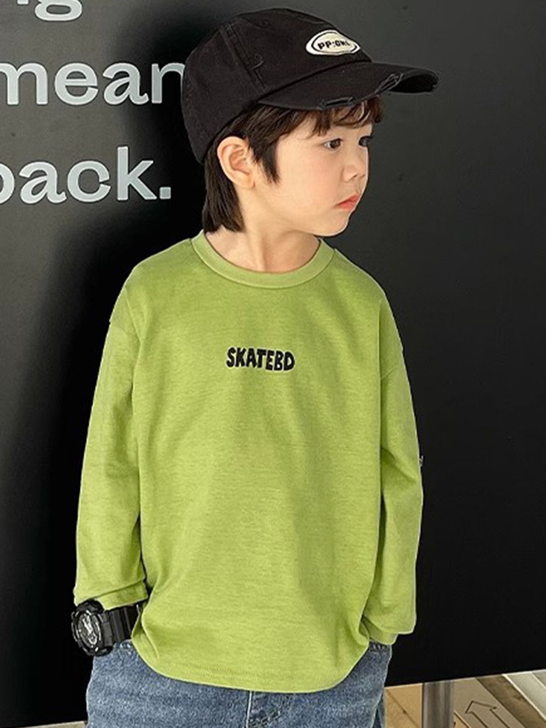 LULU & SKY Boys Typography Printed Round Neck Cotton Relaxed Fit T-shirt, Green