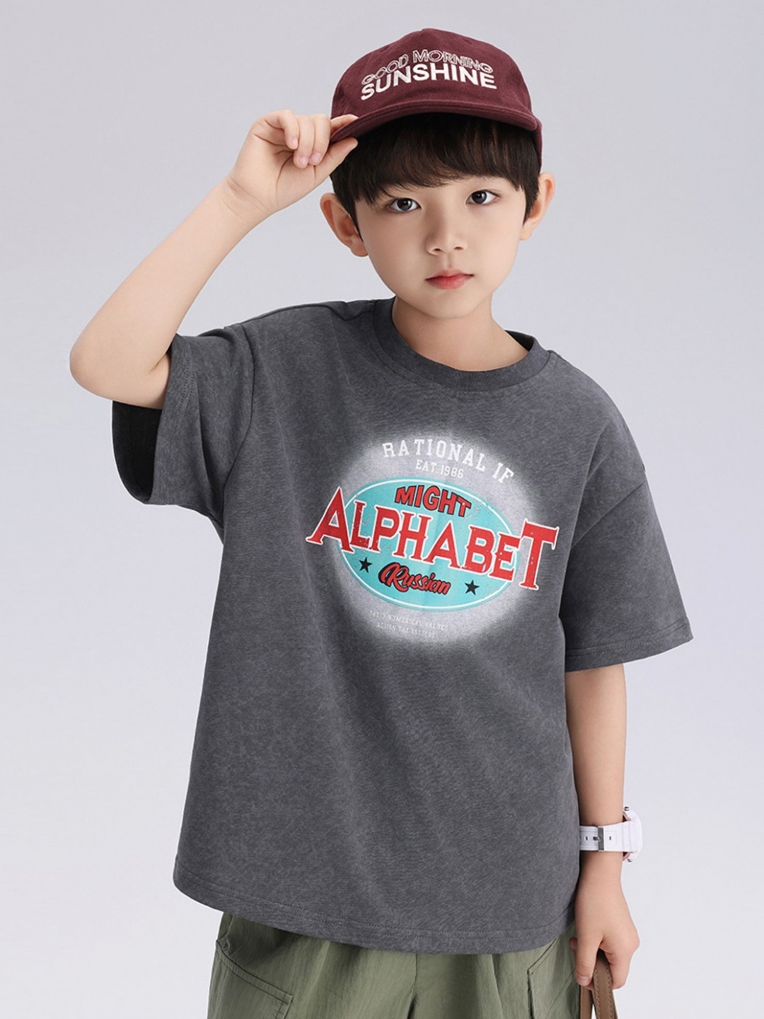 LULU & SKY Boys Typography Printed Round Neck Cotton T-shirt, Grey