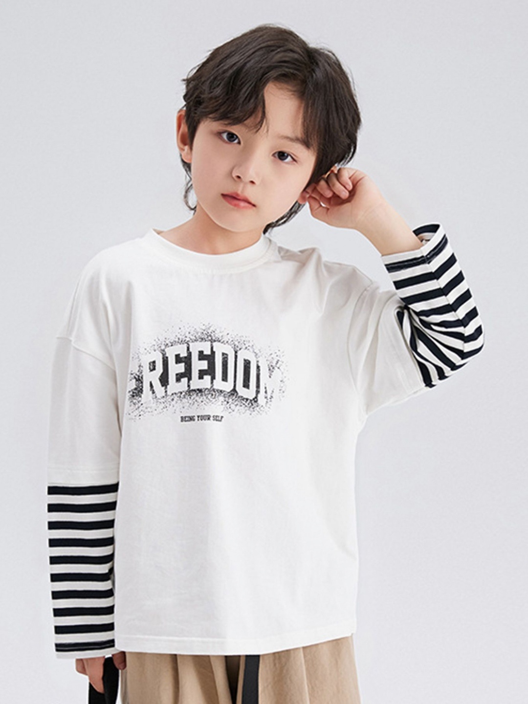 LULU & SKY Boys Typography Printed Round Neck Cotton Relaxed Fit T-shirt, Off white