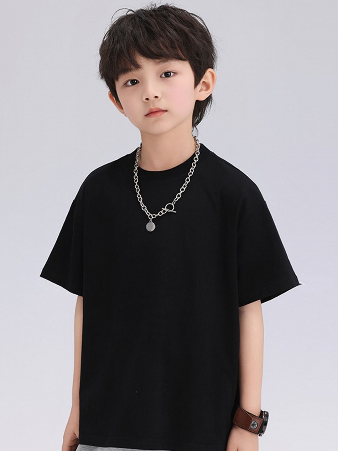 

LULU & SKY Boys Solid Round Neck Cotton T-shirt, Black