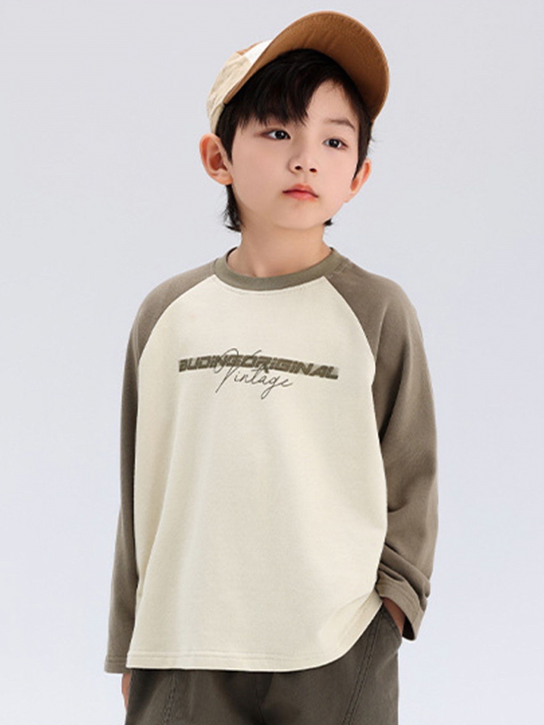 LULU & SKY Boys Typography Printed Round Neck Cotton T-shirt, Beige
