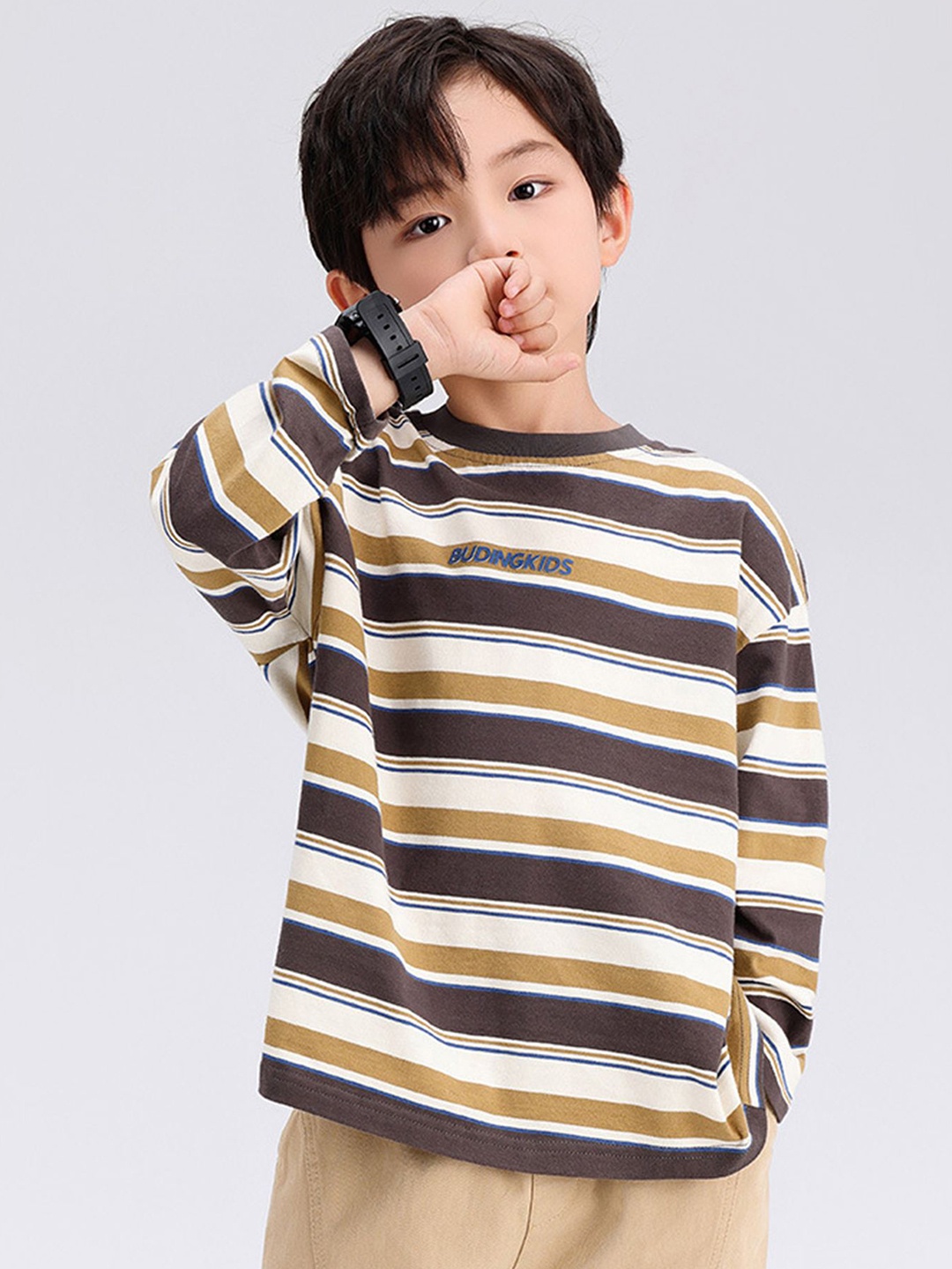 

LULU & SKY Boys Striped Round Neck Cotton Relaxed Fit T-shirt, Brown