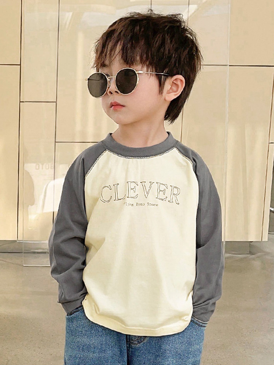 LULU & SKY Boys Typography Printed Round Neck Cotton T-shirt, Cream