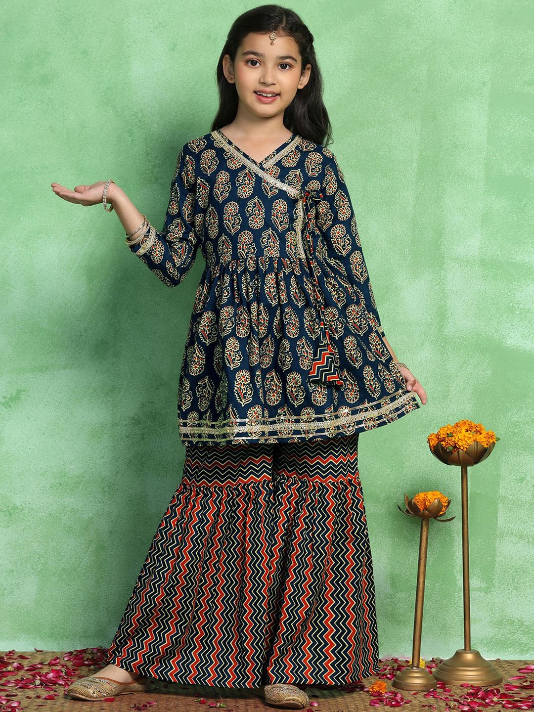 

FASHION DREAM Girls Floral Printed Gotta Patti Angrakha V-Neck Anarkali Kurta With Sharara, Navy blue