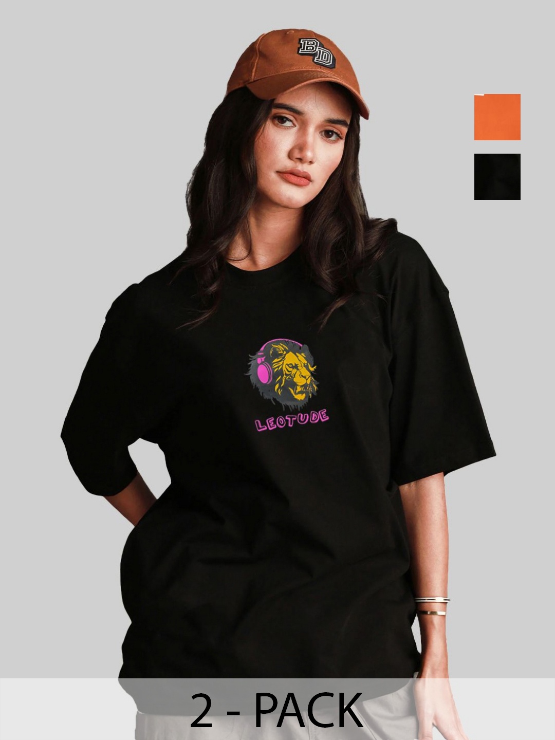 

Leotude Women Pack Of 2 Graphic Printed Round Neck Cotton Oversized T-shirts, Black
