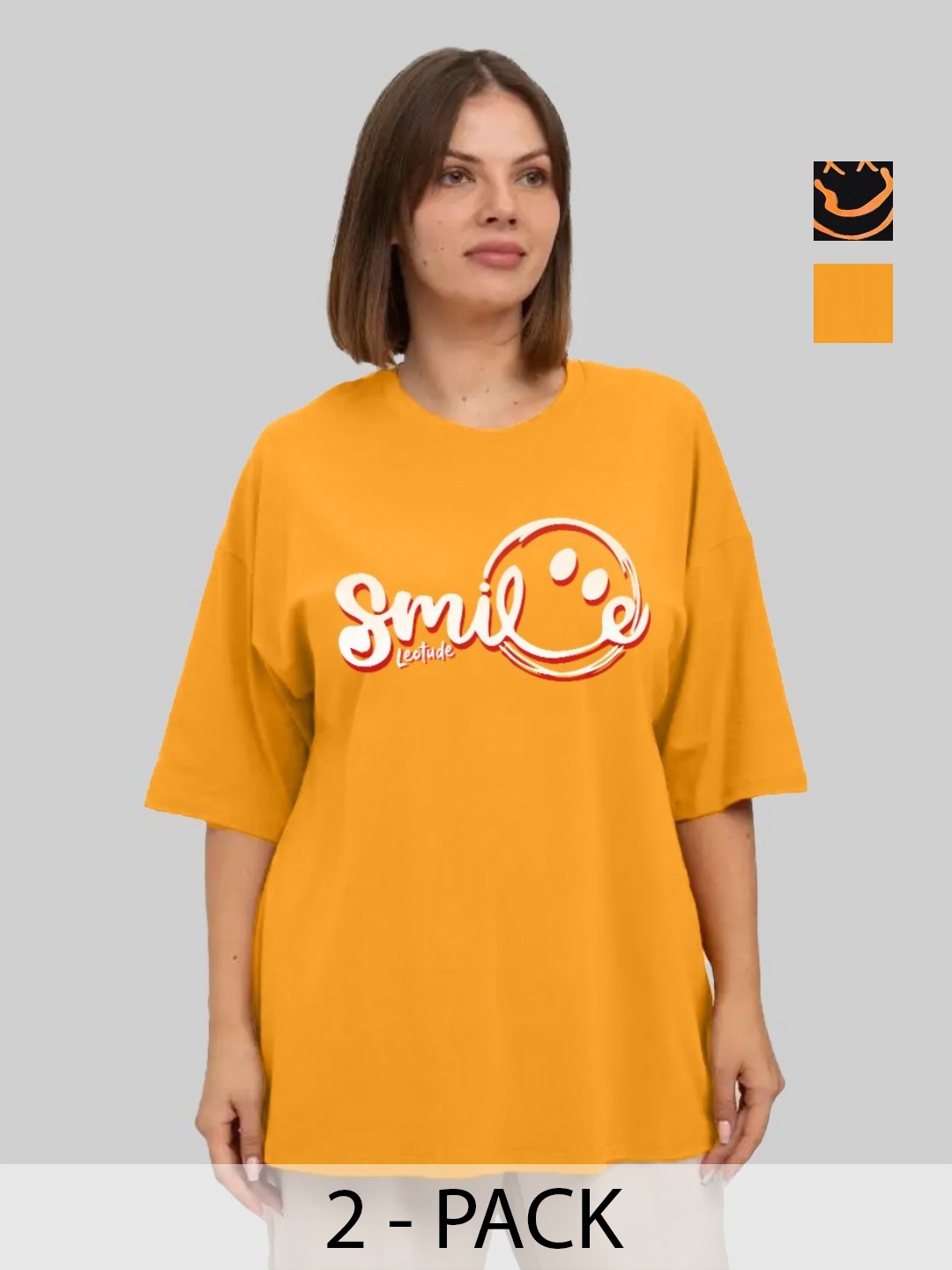 

Leotude Women Pack Of 2 Graphic Printed Round Neck Cotton Oversized T-shirts, Mustard