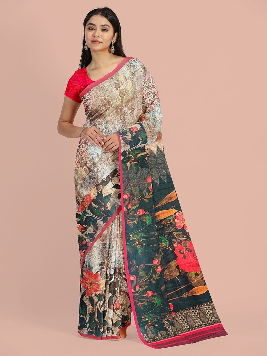 

Avyay Creation Floral Printed Saree With Printed Blouse Pcs, Brown