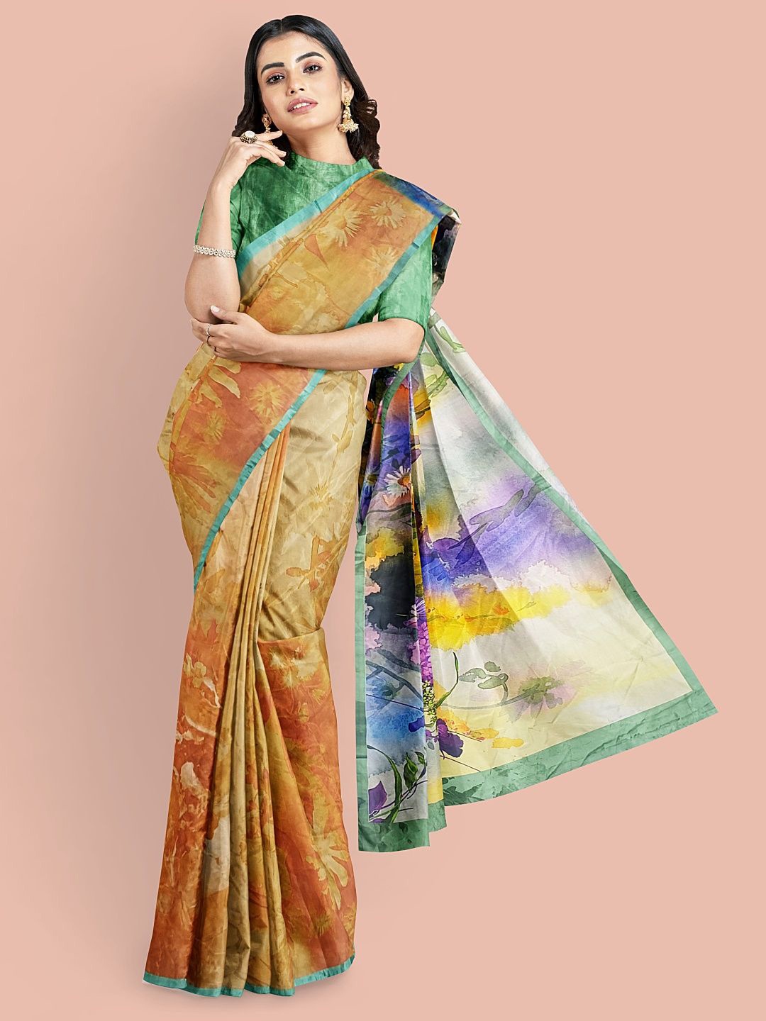 

Avyay Creation Floral Printed Silk Crepe Saree, Mustard