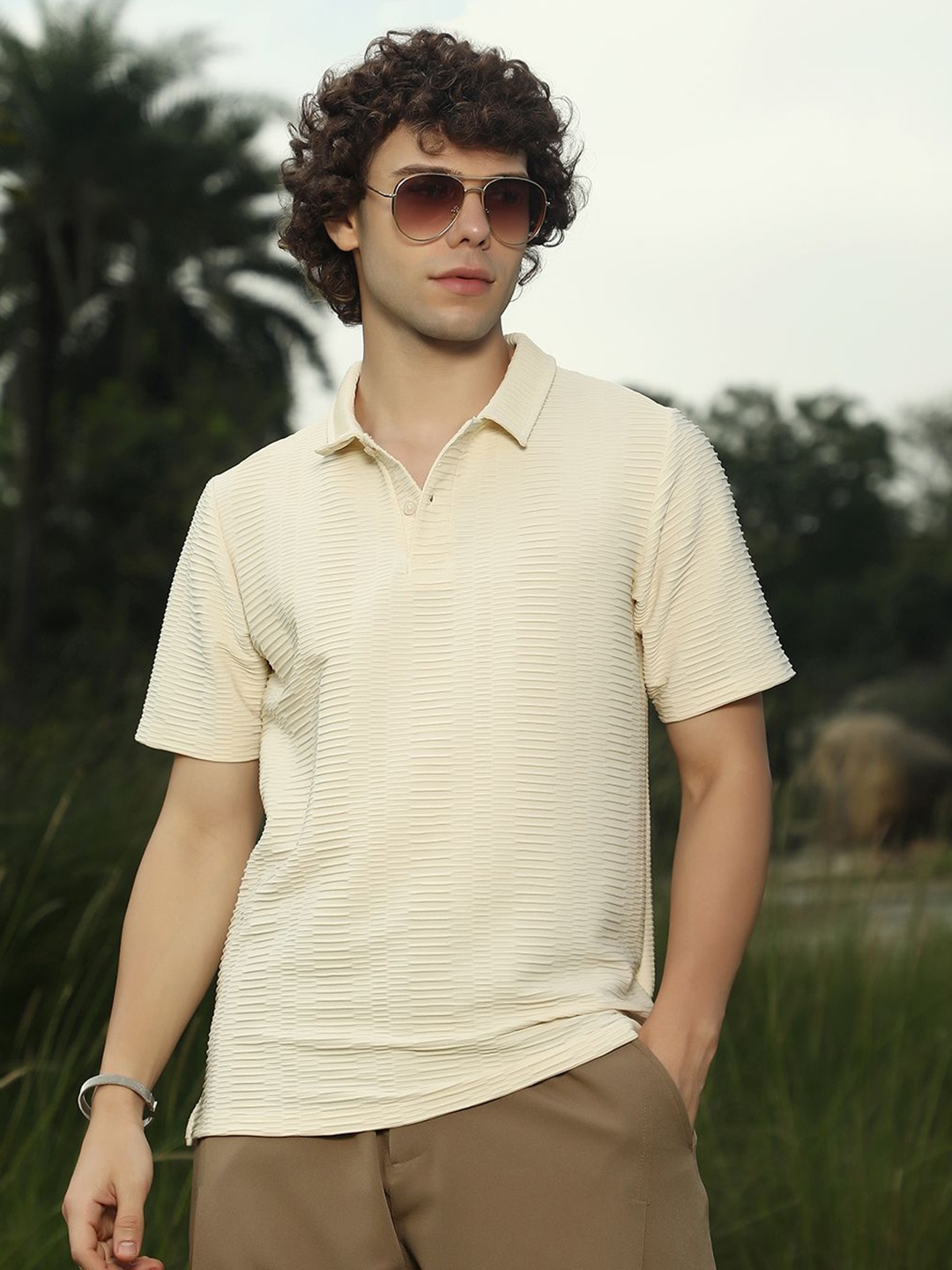 

Campus Sutra Men Self Design Polo Collar T-shirt, Cream