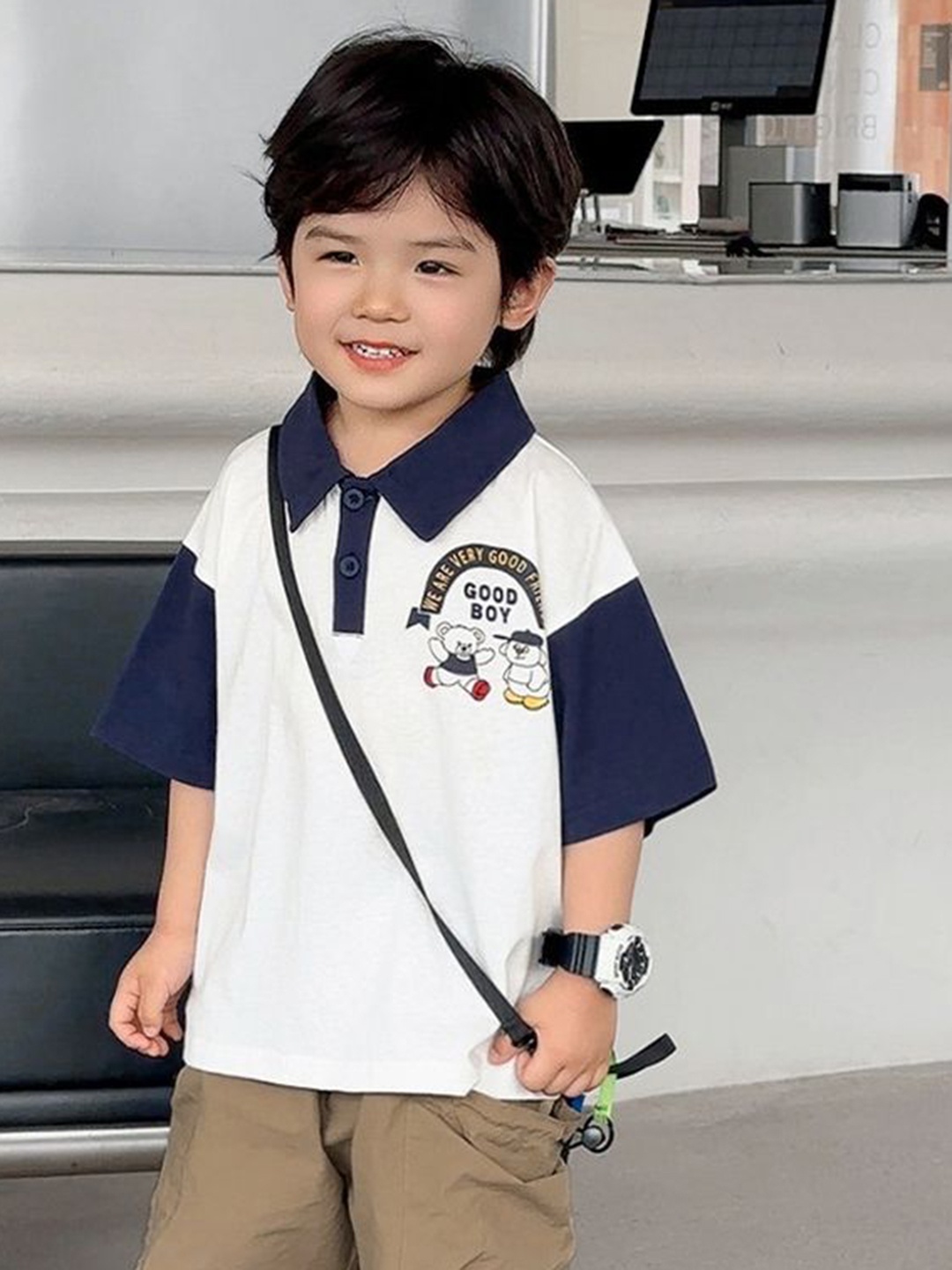 

LULU & SKY Boys Colourblocked Polo Collar Boxy T-shirt, White