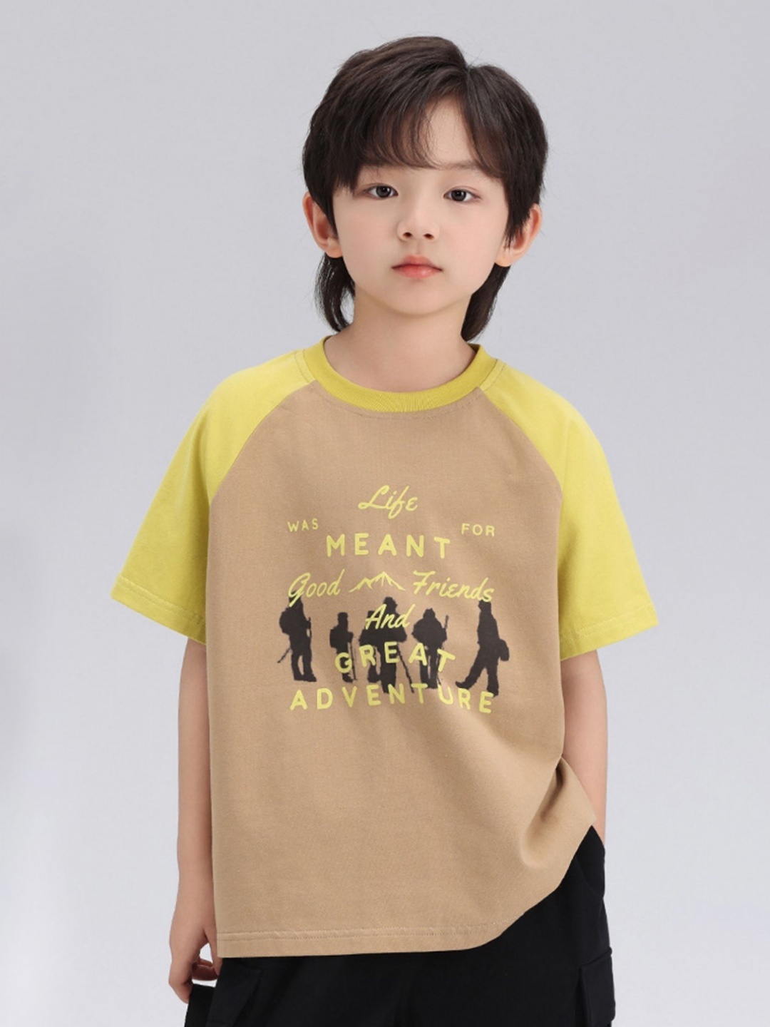 

LULU & SKY Boys Typography Printed Round Neck Cotton T-shirt, Beige