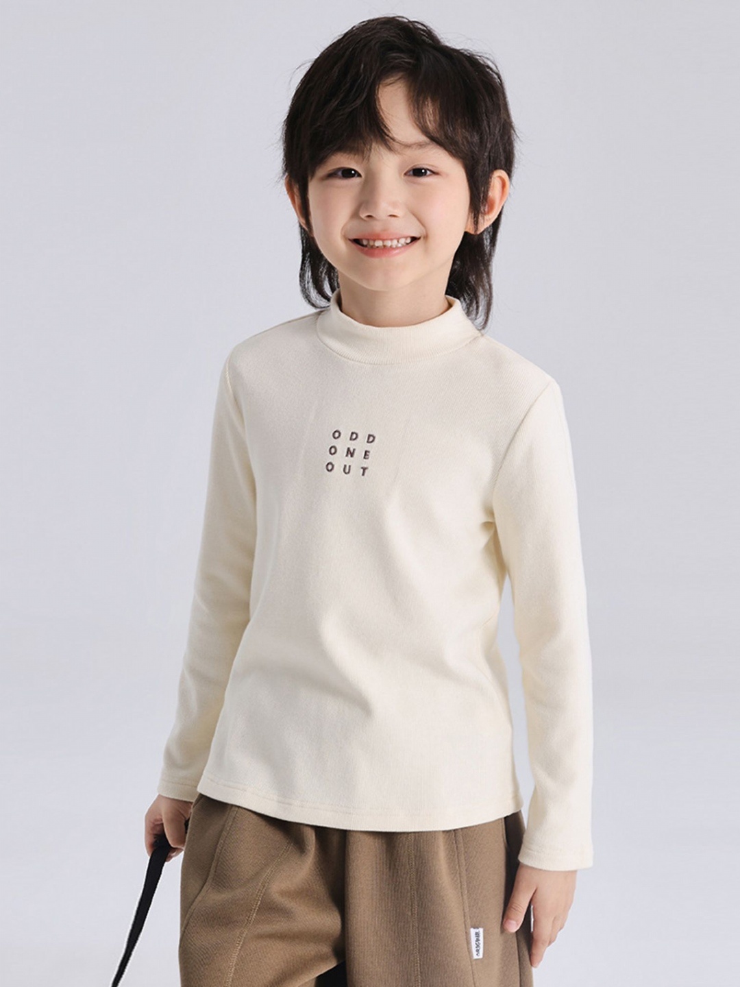 

LULU & SKY Boys Typography Printed High Neck Cotton T-shirt, Beige