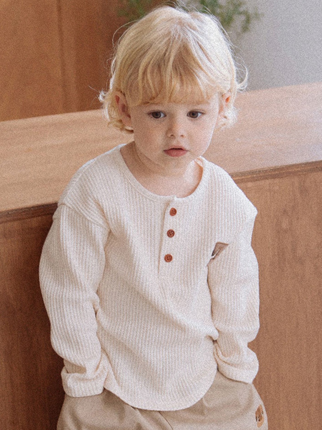 

LULU & SKY Boys Henley Neck Cotton T-shirt, Beige