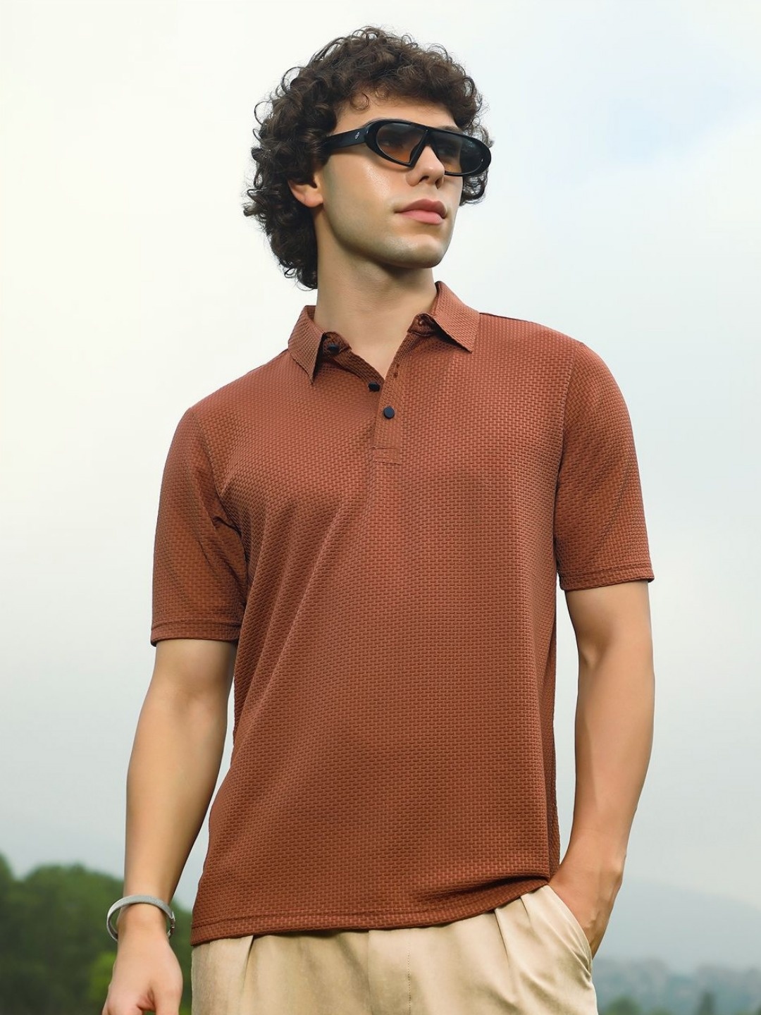 

Campus Sutra Men Self Design Polo Collar T-shirt, Brown
