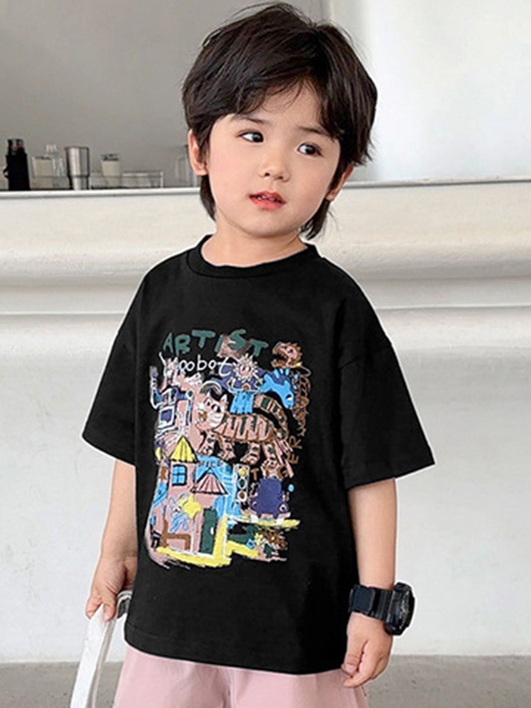 

LULU & SKY Boys Printed Cut Outs Boxy T-shirt, Black