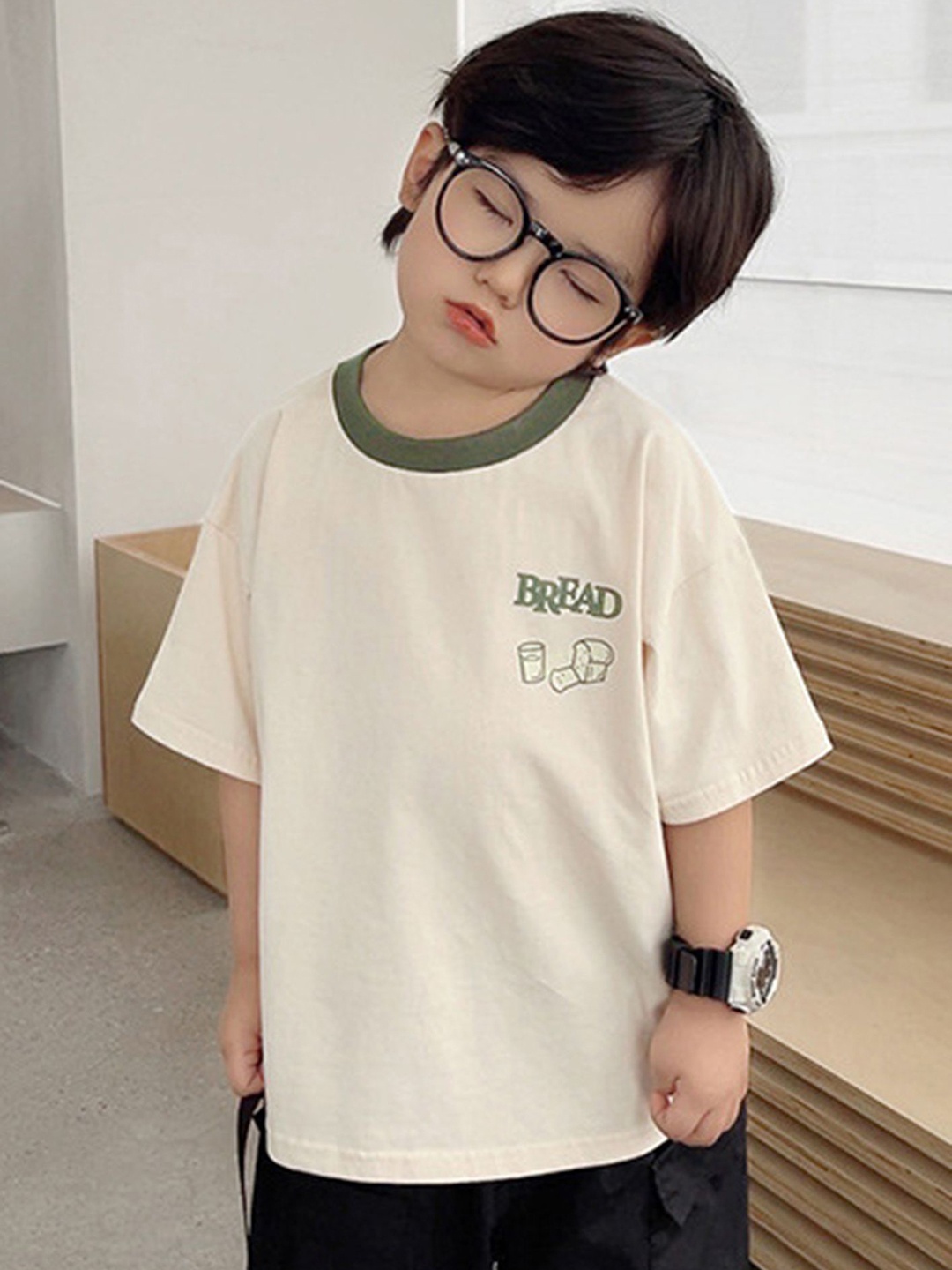 

LULU & SKY Boys Typography Printed Round Neck Cotton Relaxed Fit T-shirt, Beige