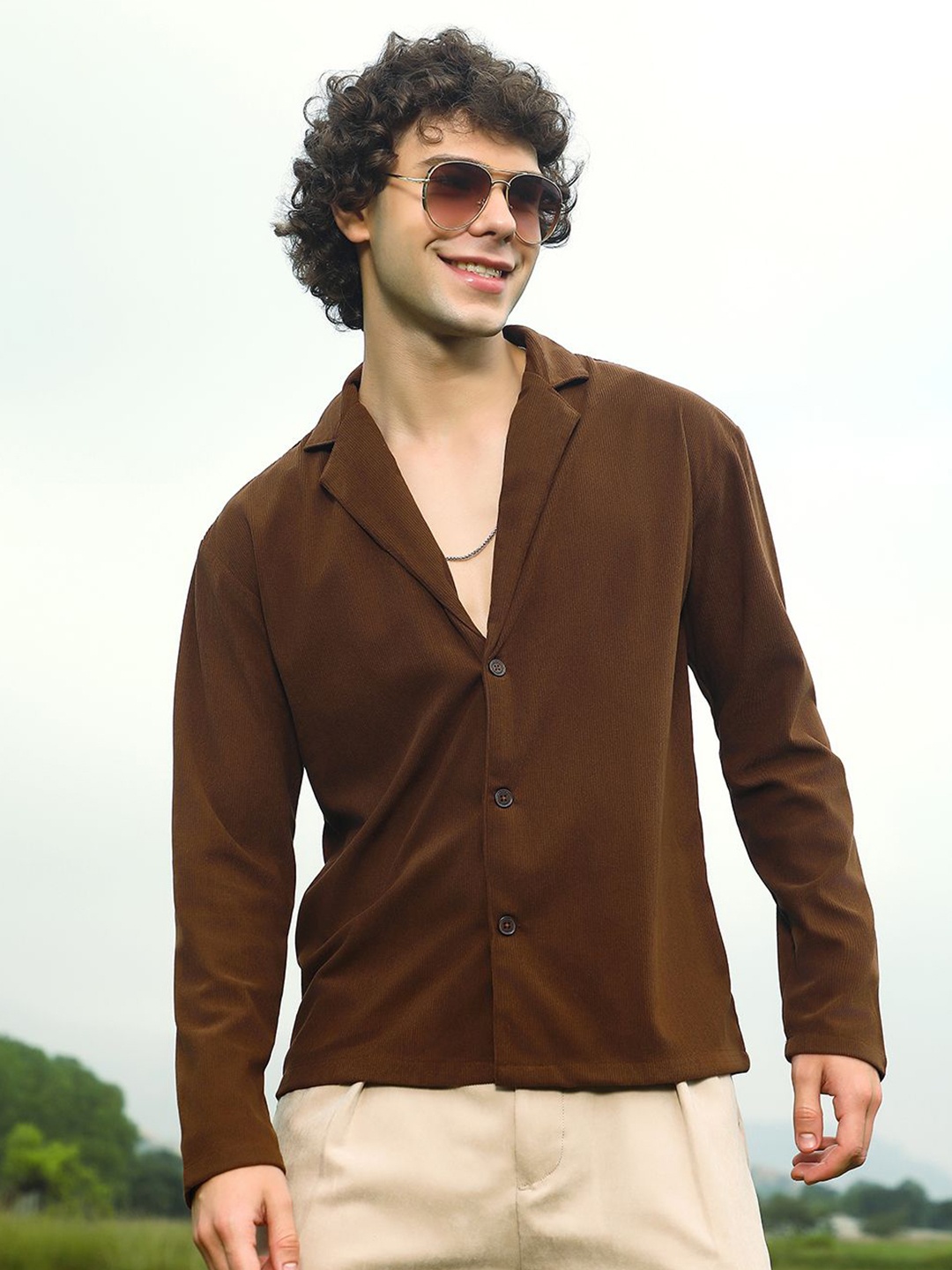 

Campus Sutra Men Relaxed Fit Cuban Collar Textured Cotton Casual Shirt, Brown