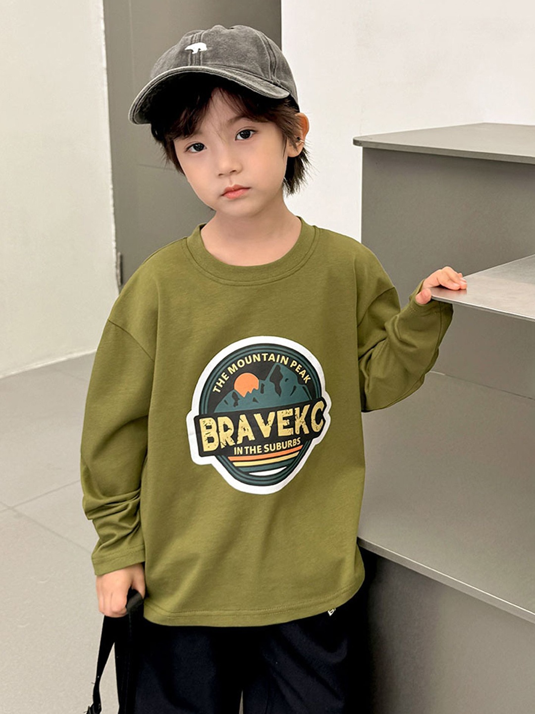 

LULU & SKY Boys Typography Printed Round Neck Cotton Relaxed Fit T-shirt, Green