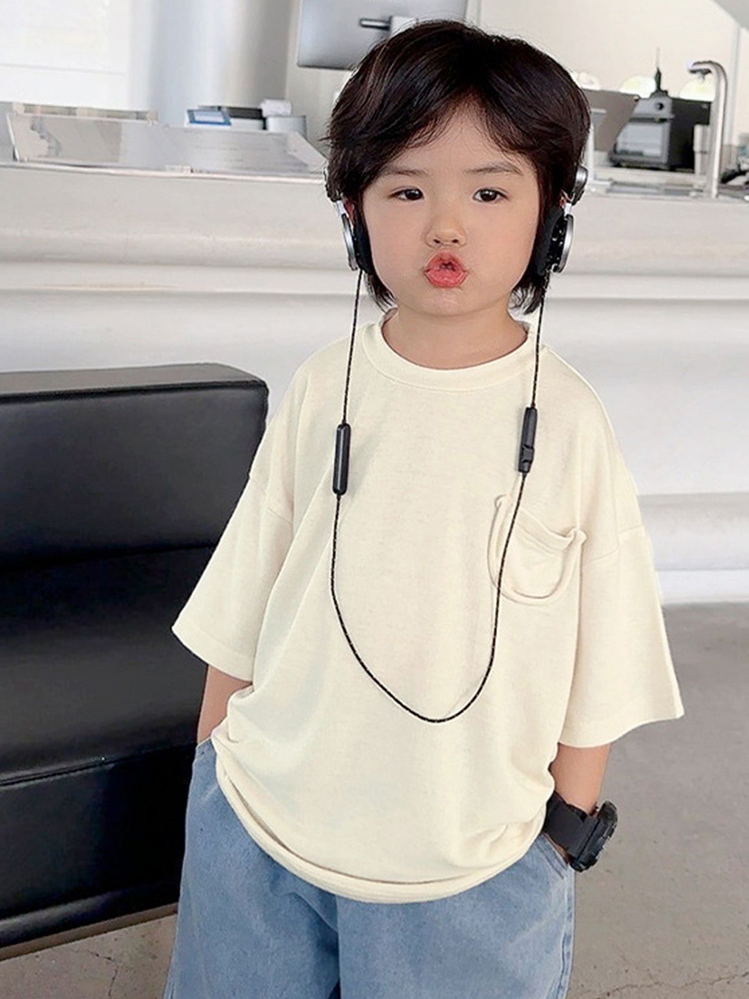 

LULU & SKY Boys Solid Round Neck Oversized T-shirt, Beige