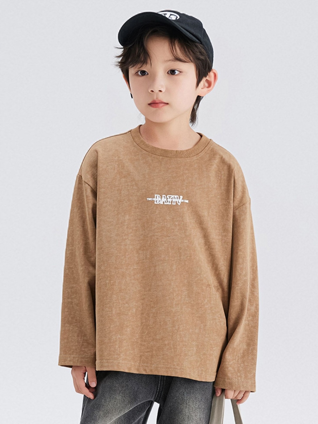 

LULU & SKY Boys Typography Printed Round Neck Cotton Relaxed Fit T-shirt, Brown