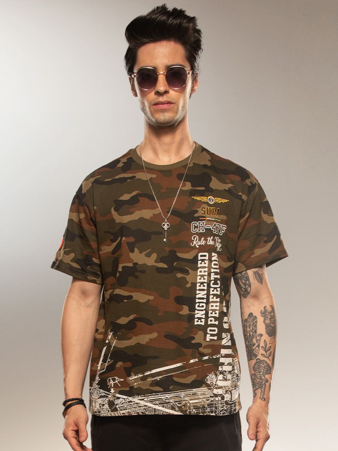 

Supa Men Camouflage Printed Round Neck Cotton Relaxed Fit T-shirt, Olive