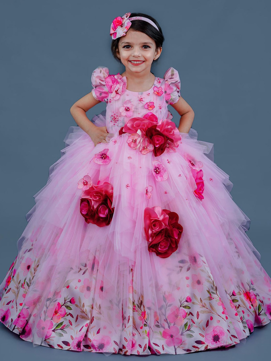 

Li & Li Boutique Girls Floral Applique Printed Puff Sleeves Net Gown Dress, Pink