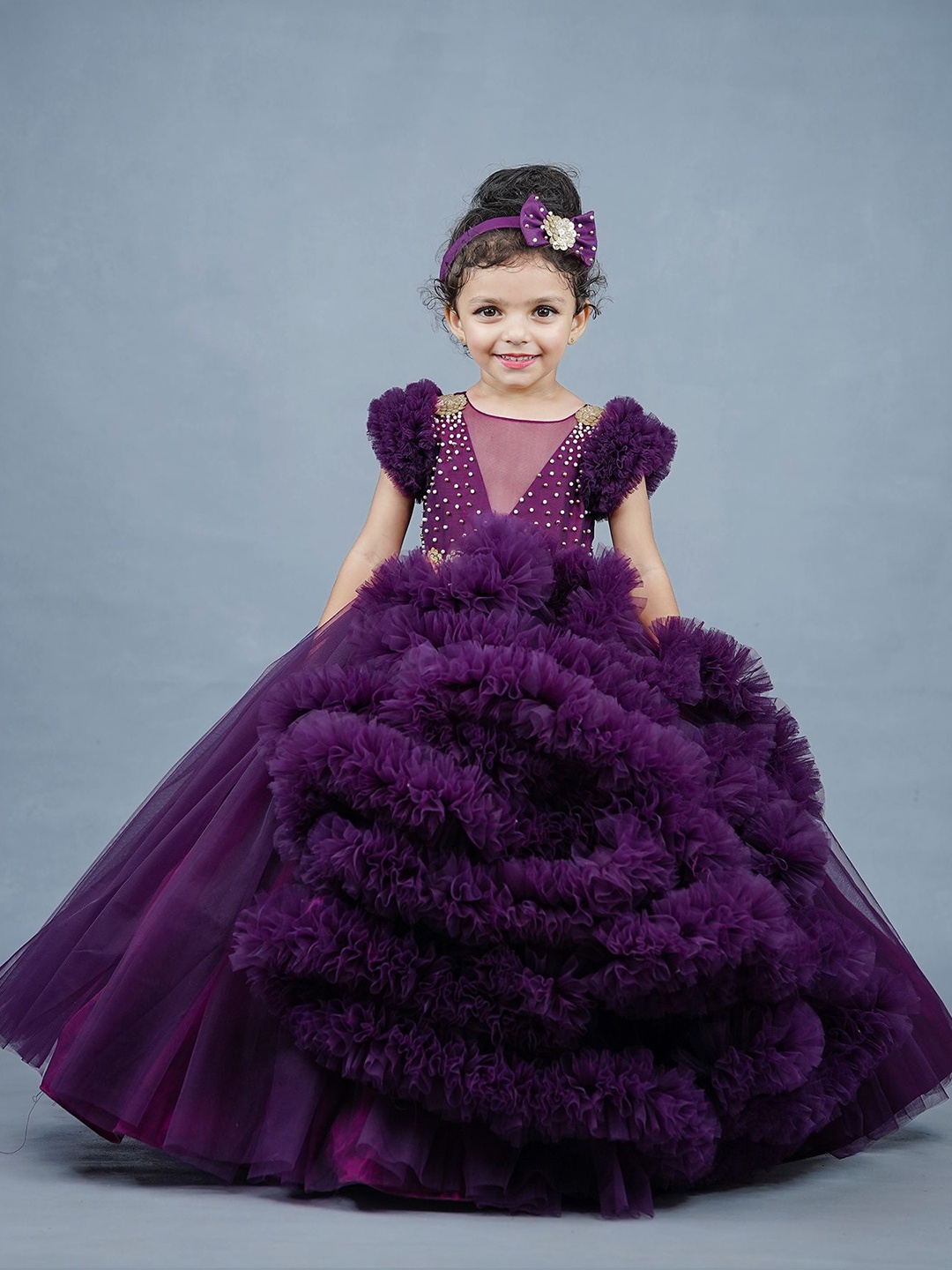 Li & Li Boutique Girls Embellished Puff Sleeve Net Gown Dress, Purple