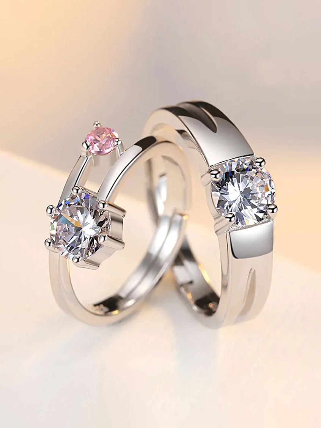 

Jewels Galaxy Set Of 2 Silver-Plated CZ Studded Adjustable Couple Finger Rings