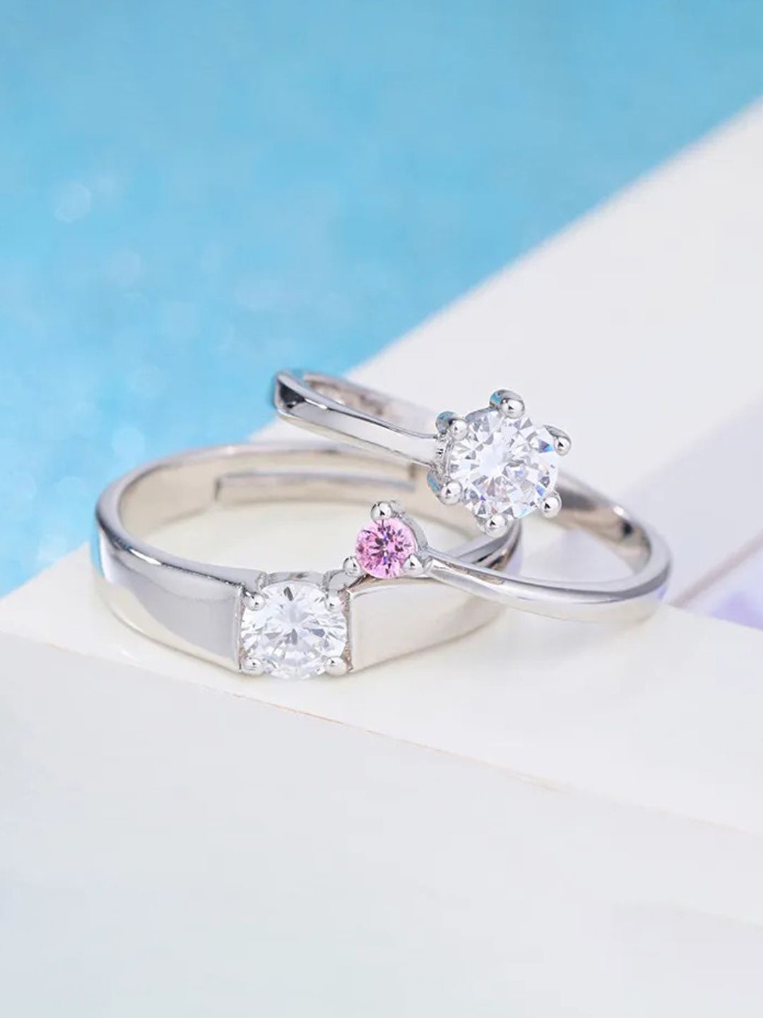 

Jewels Galaxy Set Of 2 Silver-Plated CZ Studded Adjustable Couple Finger Rings
