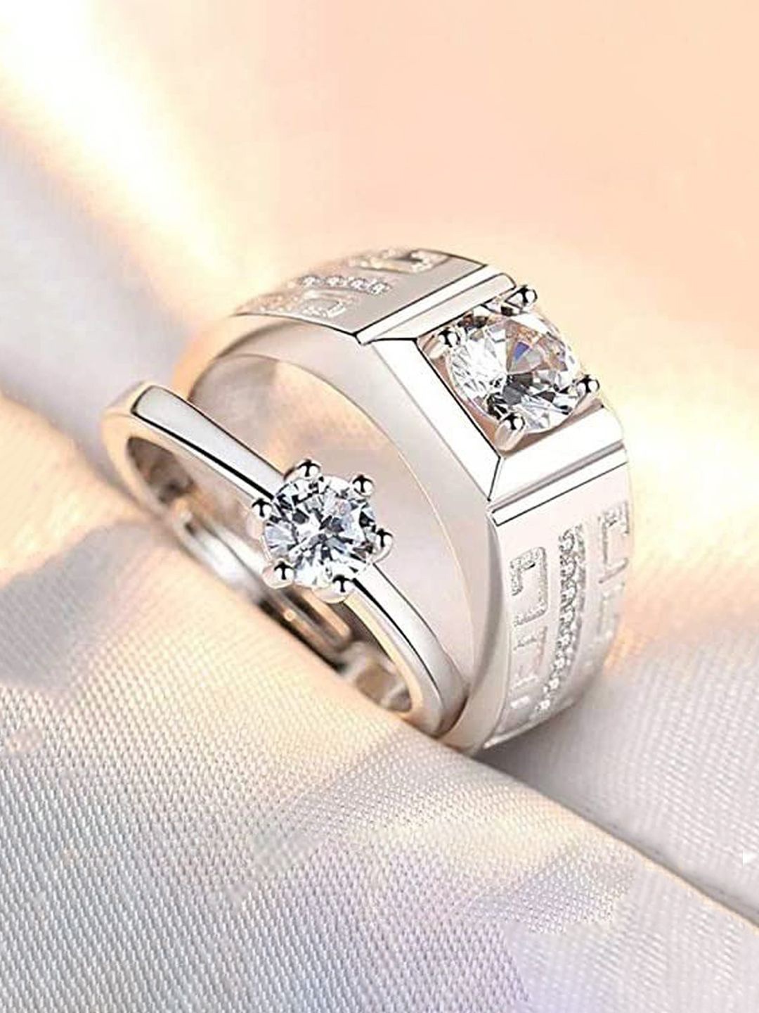 

Jewels Galaxy Set Of 2 Silver-Plated CZ Studded Adjustable Couple Finger Rings