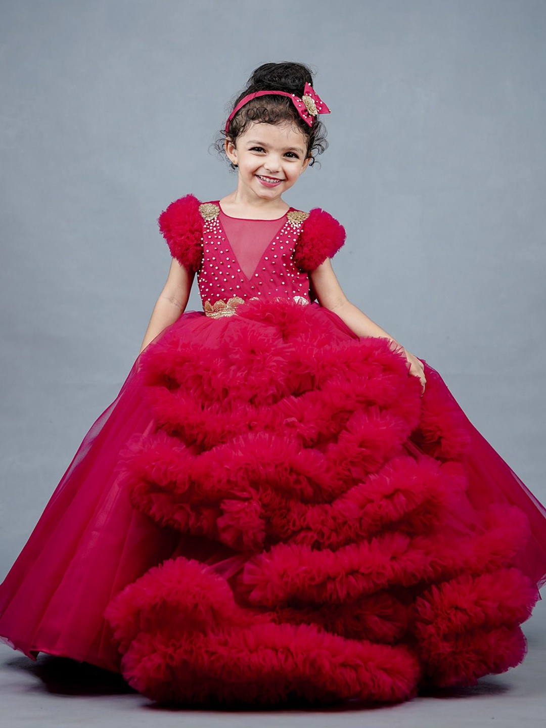 

Li & Li Boutique Girls Embellished Puff Sleeve Net Gown Dress, Burgundy