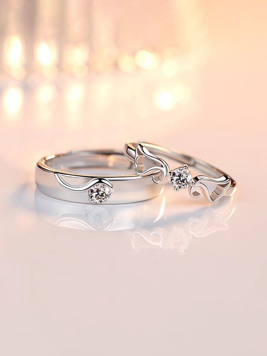 

Jewels Galaxy Valentine's Set Of 2 Silver-Plated CZ Studded Adjustable Couple Finger Rings