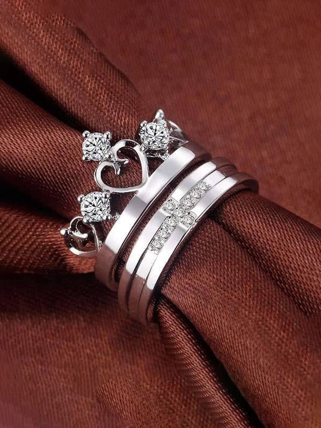 

Jewels Galaxy Set Of 2 Valentine's Silver-Plated CZ Studded Adjustable Couple Finger Rings