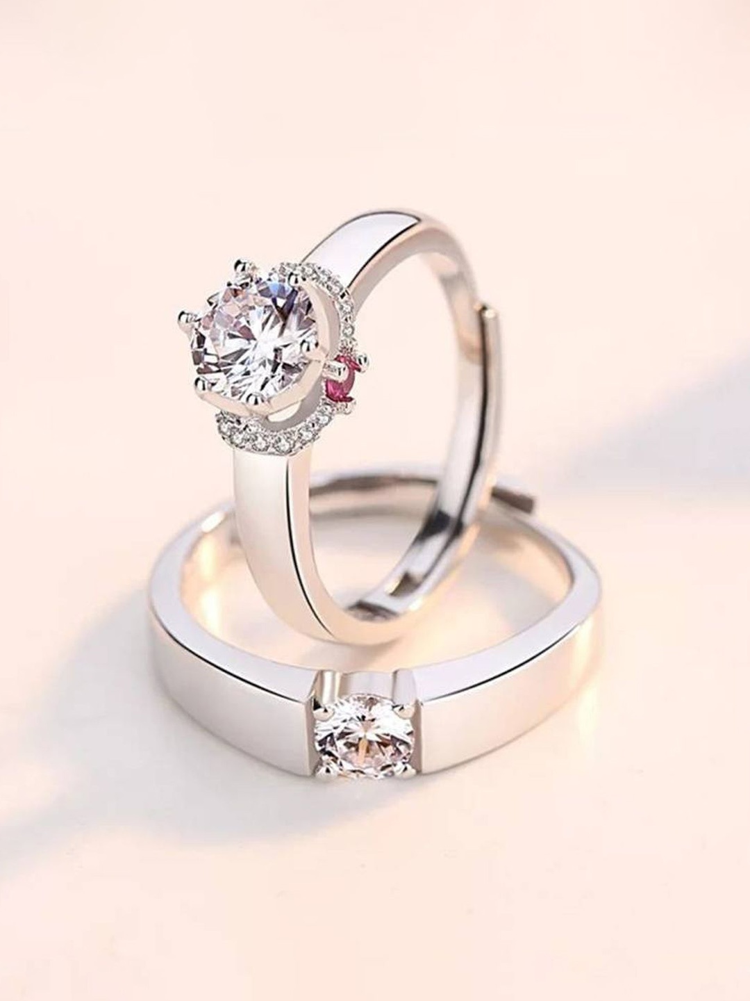 

Jewels Galaxy Set Of 2 Valentine's Silver-Plated CZ Studded Adjustable Couple Finger Rings