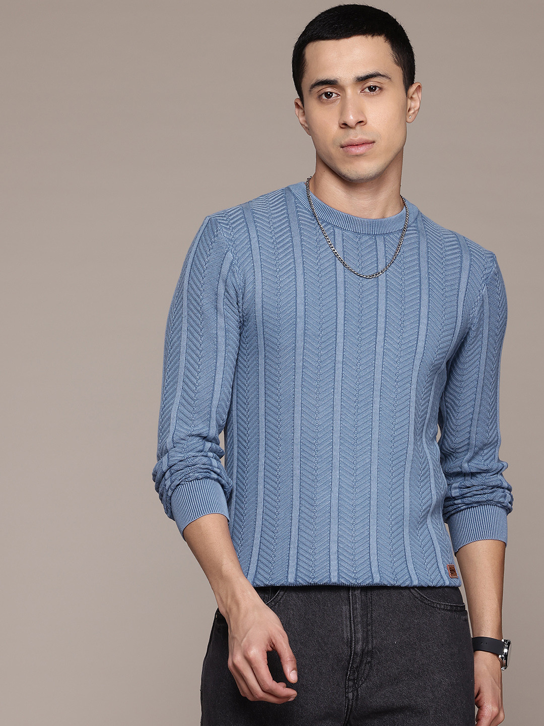 

The Roadster Lifestyle Co. Men Self Design Pure Cotton Pullover, Blue