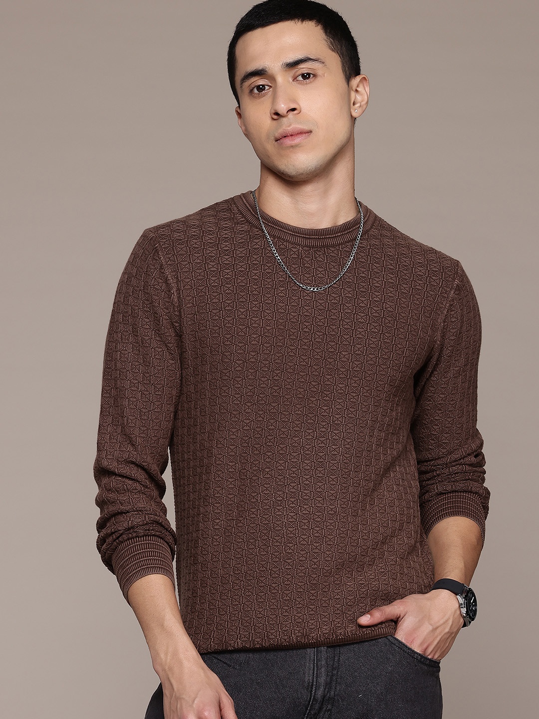 

The Roadster Lifestyle Co. Men Self Design Pure Cotton Pullover, Rust