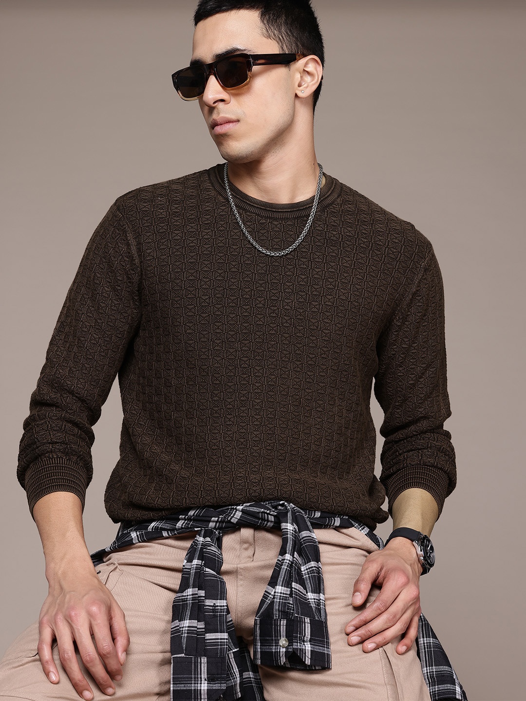

The Roadster Lifestyle Co. Men Self Design Pure Cotton Pullover, Brown