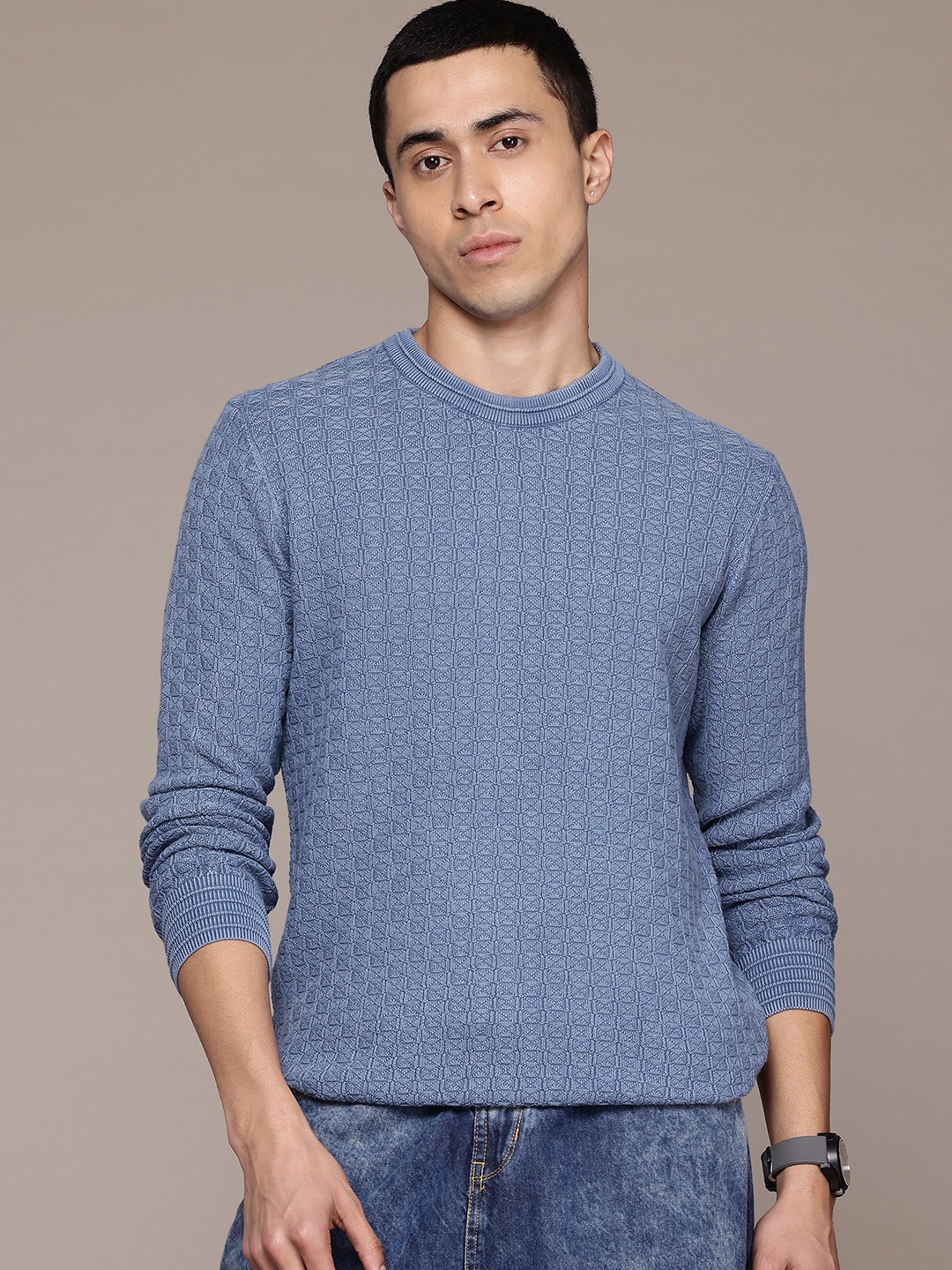 

The Roadster Lifestyle Co. Men Self Design Pure Cotton Pullover, Blue