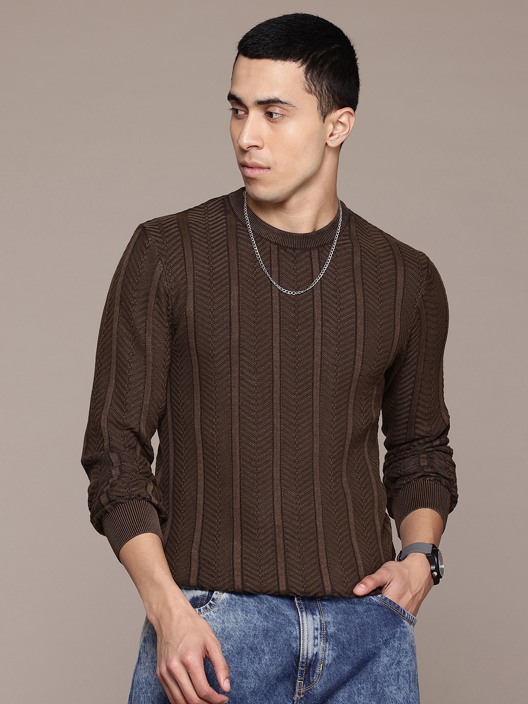 

The Roadster Lifestyle Co. Men Self Design Pure Cotton Pullover, Brown