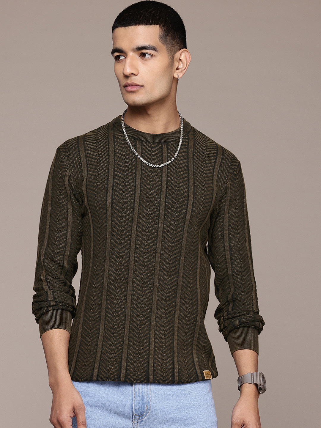 

The Roadster Lifestyle Co. Men Self Design Pure Cotton Pullover, Copper