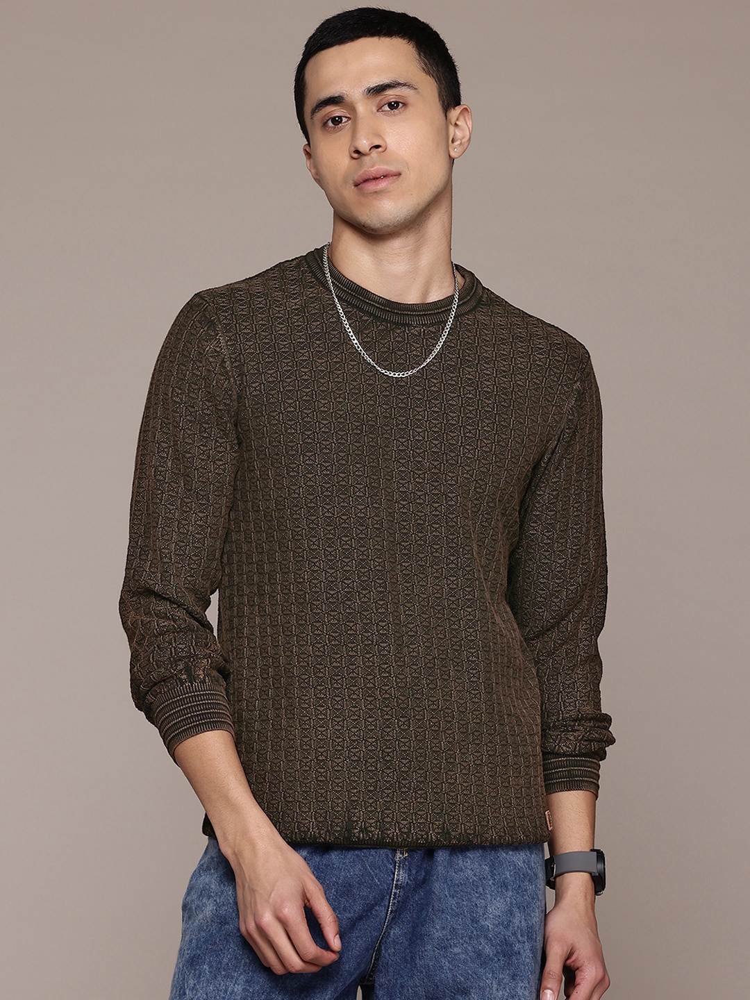 

The Roadster Lifestyle Co. Men Self Design Pure Cotton Pullover, Copper