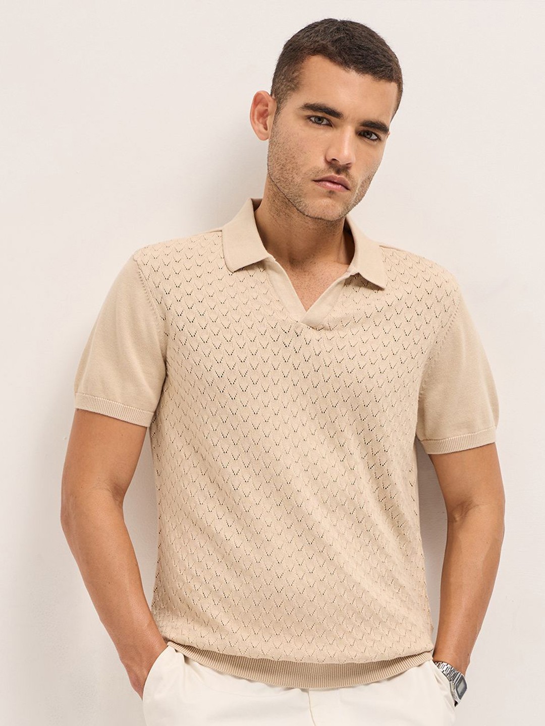 

THE BEAR HOUSE Men Self Design Polo Collar Cotton T-shirt, Beige