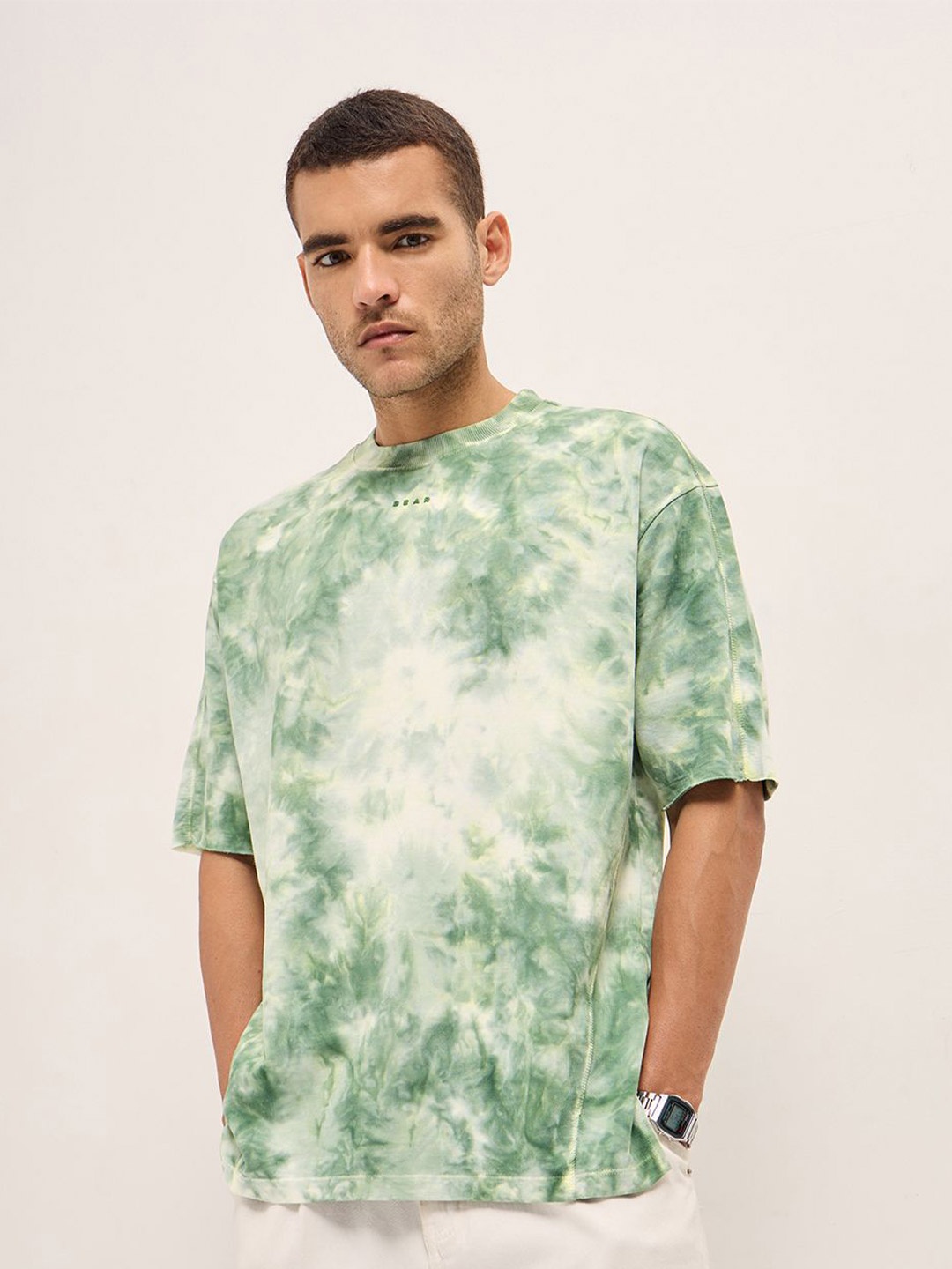 

THE BEAR HOUSE Men Dyed Round Neck Cotton Oversized T-shirt, Green