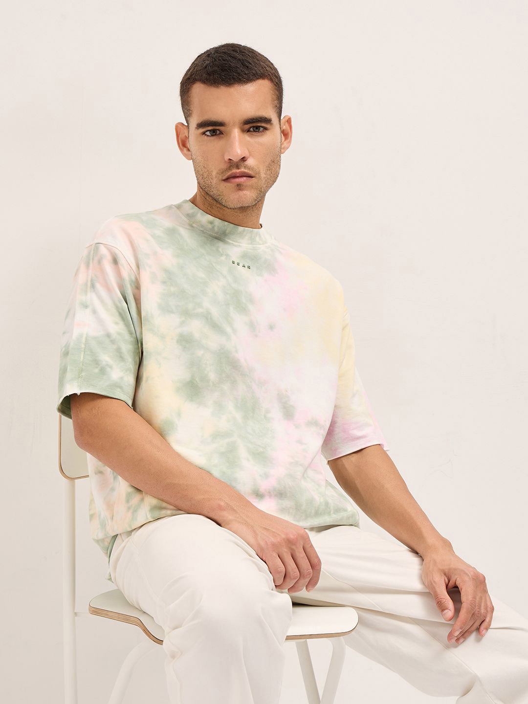 

THE BEAR HOUSE Men Dyed Round Neck Cotton Oversized T-shirt, White