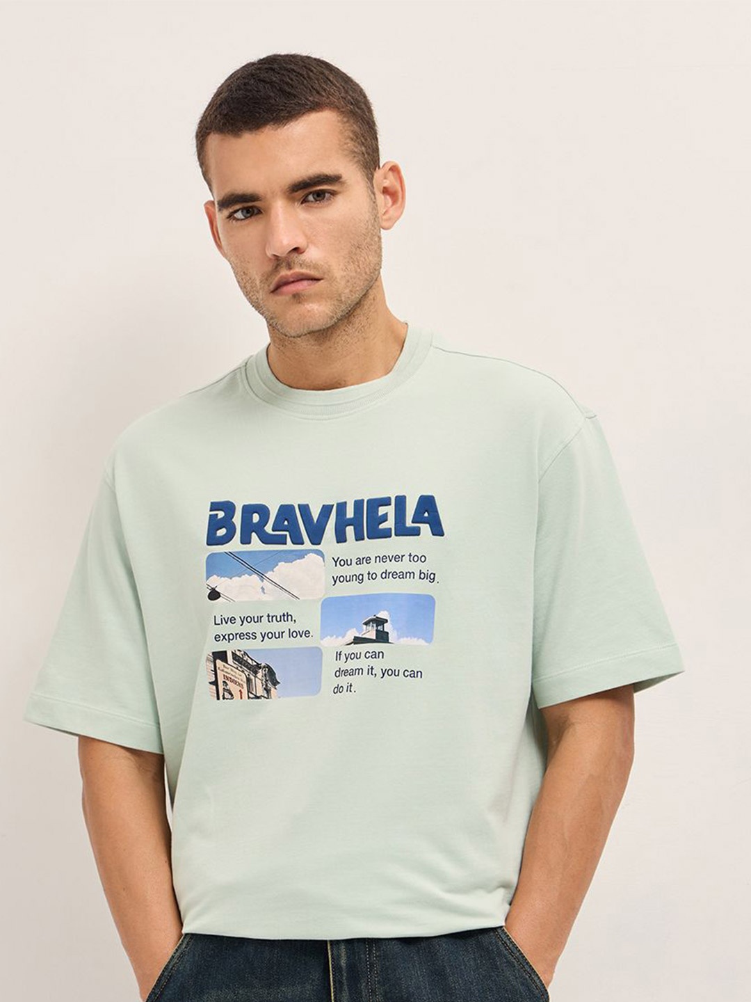 

THE BEAR HOUSE Men Typography Printed Round Neck Cotton Oversized T-shirt, Green