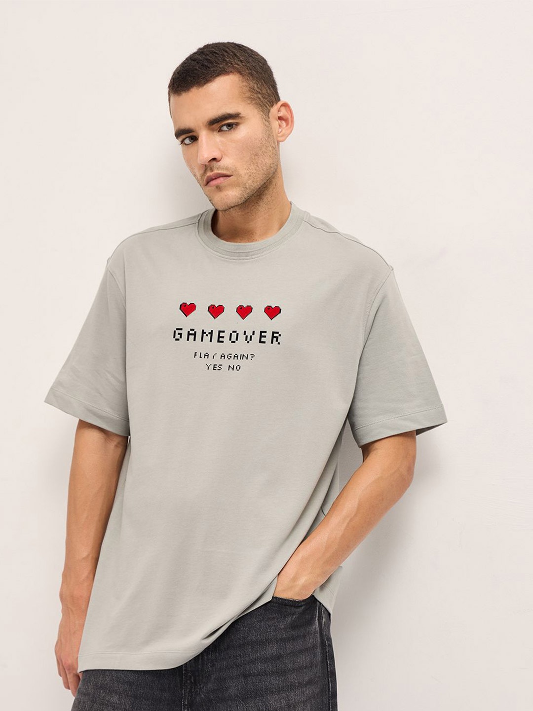 

THE BEAR HOUSE Men Typography Printed Round Neck Cotton Oversized T-shirt, Grey
