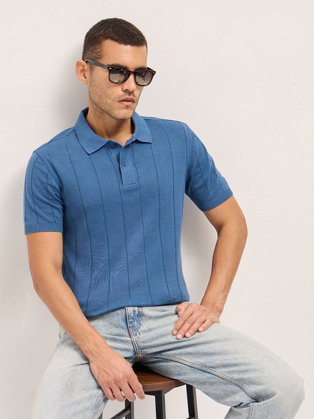 

THE BEAR HOUSE Men Striped Polo Collar Cotton T-shirt, Blue