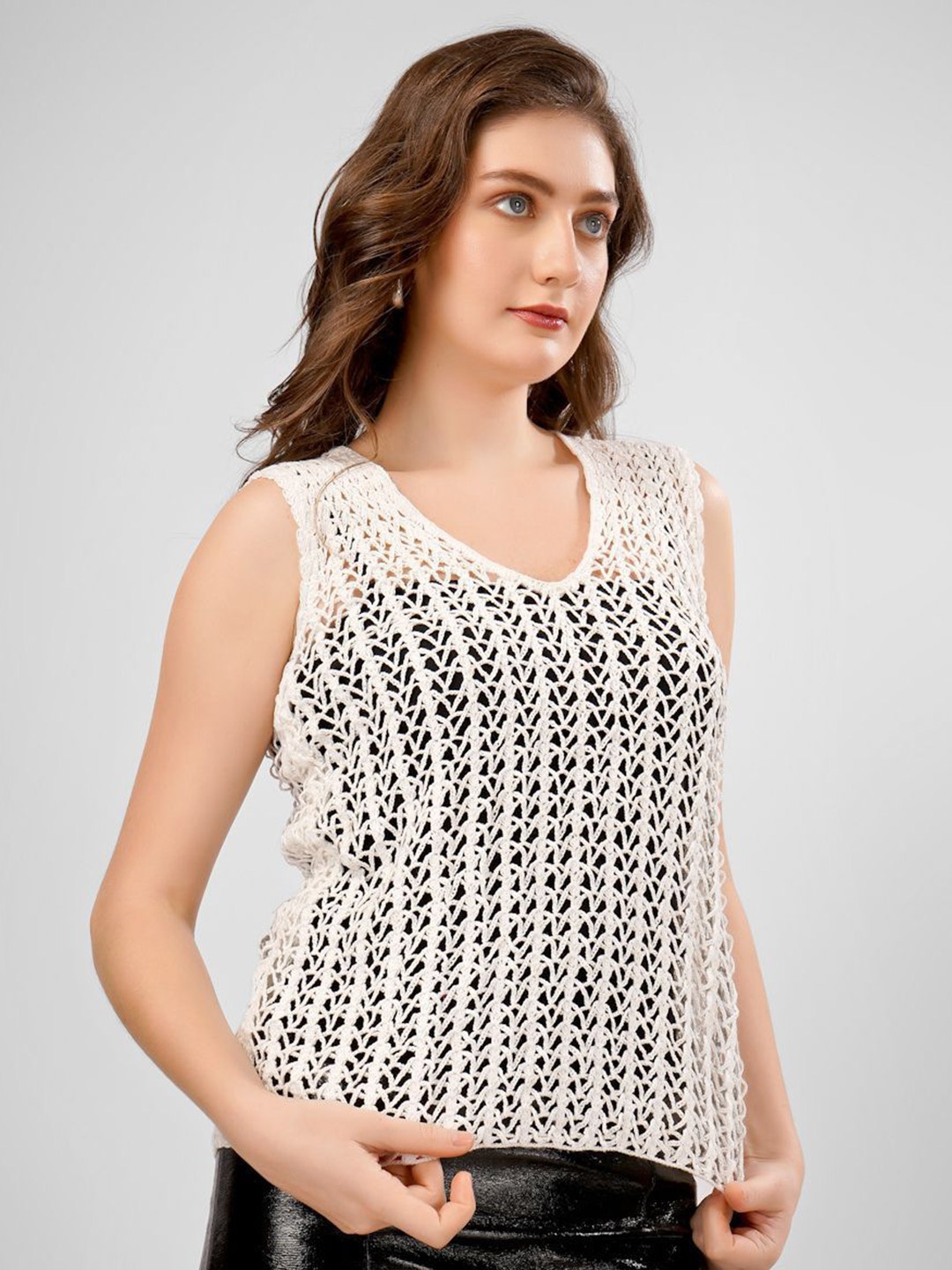 

SUNFAIRY Women Crochet Cotton Top, White